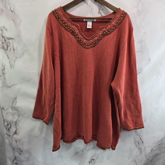 Vintage Sweaters - Vintage Sweater Womens 3X Coral 90s Y2K Artsy Coastal Cotton Ramie Embroidered